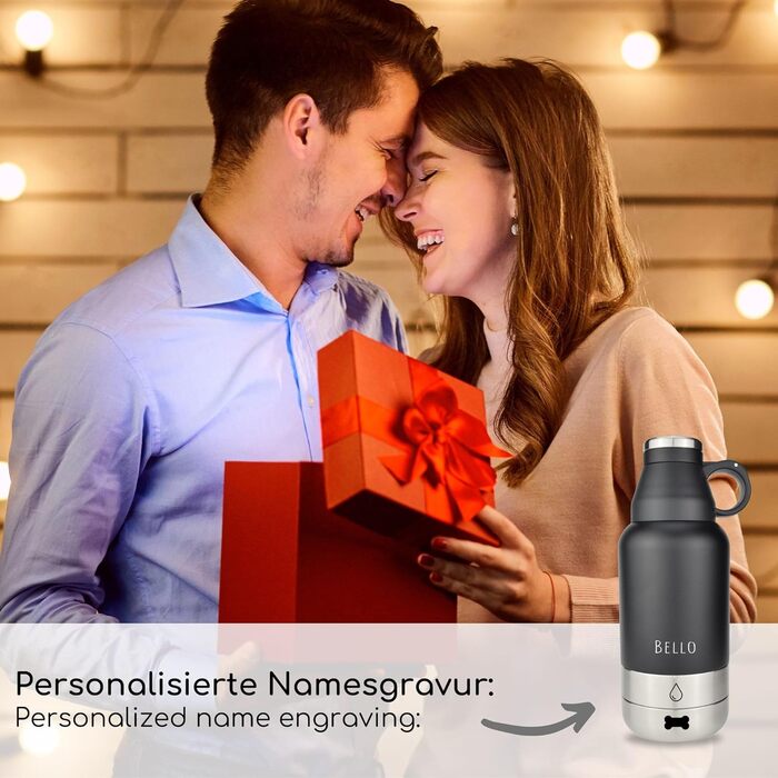 Водяна пляшка для собак Milu 950мл з мискою для їжі - ізольована фляга з нержавіючої сталі, чорна (+гравіювання)