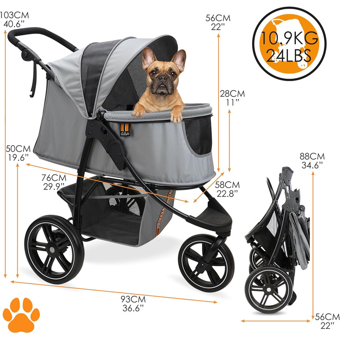 COOPER Складаний візок для собак до 32 кг | Регульована висота, кошик для покупок, Soft Touch ручки, світловідбиваючі елементи | Ідеальний для транспортування тварин – Сірий