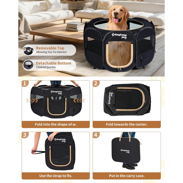 КінгКемп Переносний вольєр для собак, вольєр для цуценят, складаний вольєр для домашніх тварин, собаче намет з сумкою, для використання в приміщенні та на вулиці, знімний замок-блискавка знизу, розмір S: Чорний
