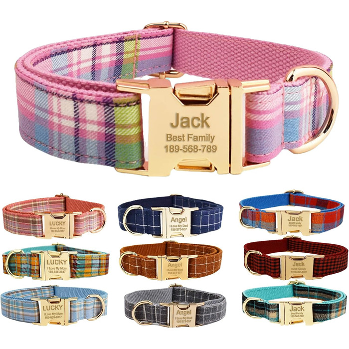 Персоналізоване собаче ошийник з металевою застібкою, з іменем та номером телефону. Регульовані розміри для великих та середніх собак (Collar 05)