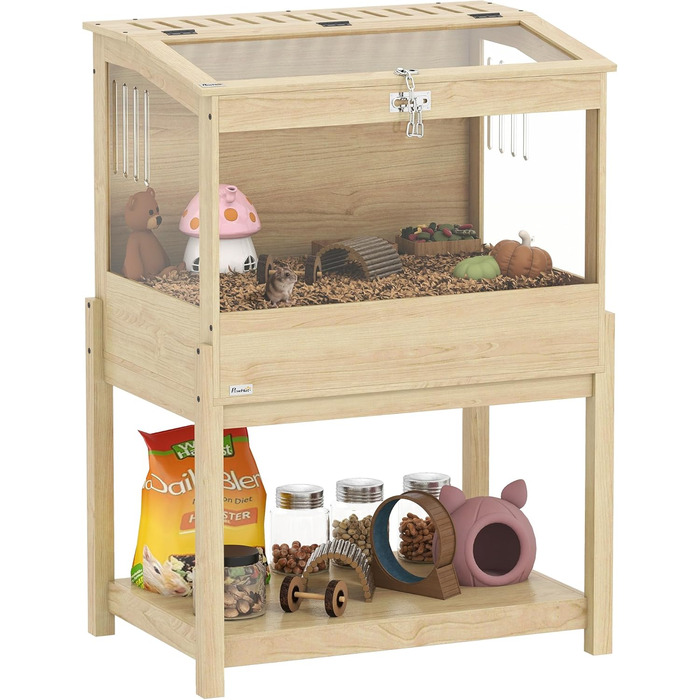 Клітка для хом'яків PawHut 2 поверхи, для дрібних тварин з відкидним дахом, 83,2 x 50 x 103 см, натуральне дерево