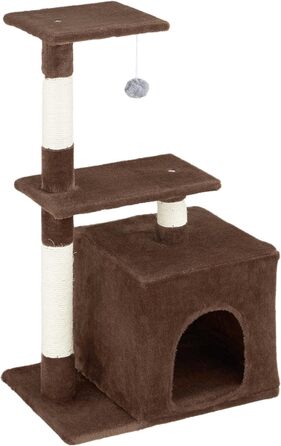 Baroni Home Когтеточка для котів, двоярусна, з іграшкою і домиком, 45x30x78 см, коричнева