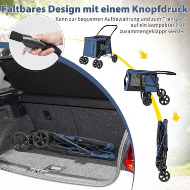 Візок для собак COSTWAY, розкладний, до 40 кг, з подушкою, з сітковими вікнами та верхньою полицею, з 2 дверима та бічними кишенями, для собак та котів (Блакитний)