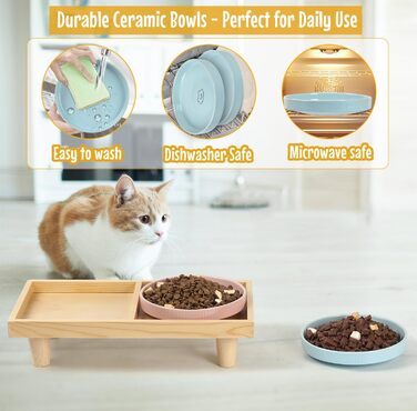 Миска для котів плоска керамічна з дерев'яною підставкою, піднята станція для годування з 2 керамічними мисками, миска для котів, діаметр миски 16 см для їжі та води, рожева & блакитна, блакитно-рожева