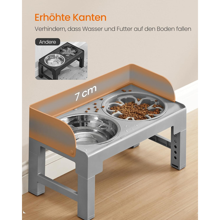 Підвищена годівниця для собак Feandrea з регульованою висотою та нахилом, 2 миски з нержавіючої сталі 304, миска для повільного годування, сірий колір, PRB103GD01