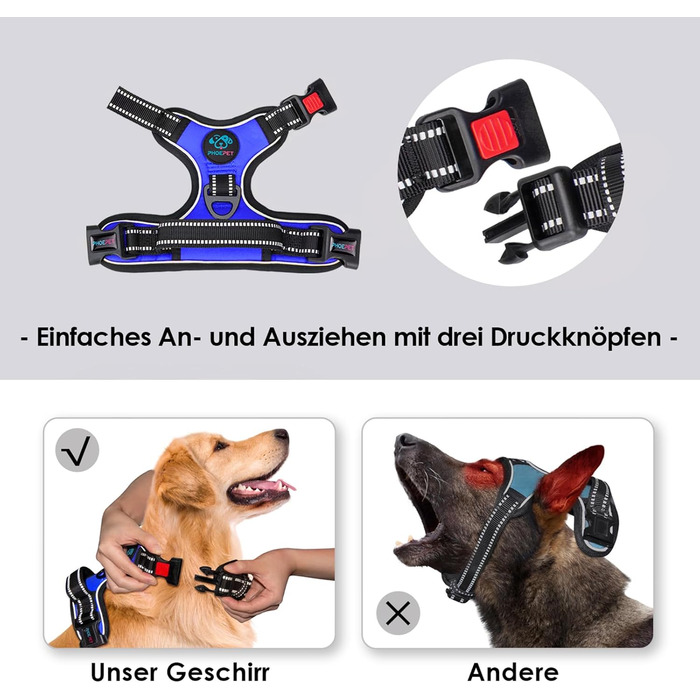 Шлейка для собак PHOEPET, регульована, для прогулянок, з карабіном, світловідбиваючими смугами, ручкою, для малих та великих собак (S, Королівський синій)