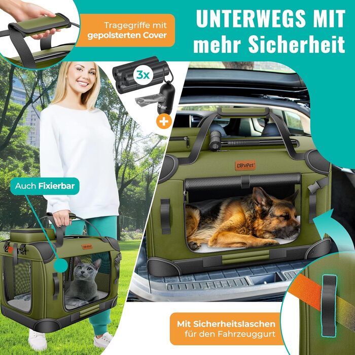 Транспортна переноска для собак та котів M 60x42x44см | Переноска для тварин Khaki | З мискою та плечовим ременем