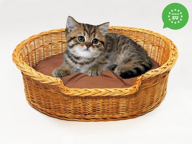 Плетене ліжко для собак та котів з ротангу, розмір 43x28x10/14 см, з подушкою 75x54x21 см (колір коричневий)