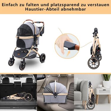 Візок для собак та котів на 4 колесах, до 30 кг, сірий, 3-в-1