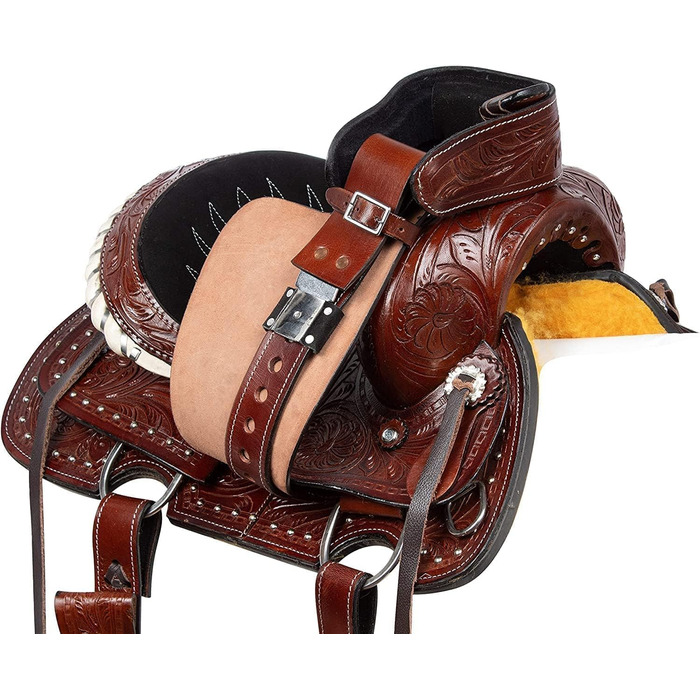 Вестерн-сідло Barrel Racer з тисненням для шоу, прогулянок і трейл-райдингу, шкіра, розмір для коня і поні, сидіння 25,4-45,7 см