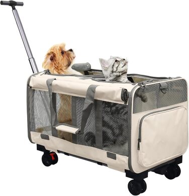 Переноска для котів велика, для 2 котів, складна, на колесах, знімні відділи, з іграшкою-пір'ям та ремінком, бежева