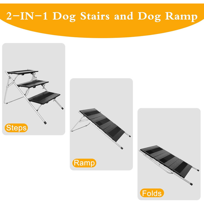 Сходинка для собак JOEJOY Cabrio 2-в-1: драбина та пандус, 3 сходинки, для малих собак та котів, для ліжка, авто, дивану