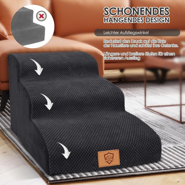 Сходинка для собак Myiosus – 3 ступені, для малих собак, з високощільним губчатим матеріалом, портативна, знімний та миючий чохол, антиковзаюча, чорна