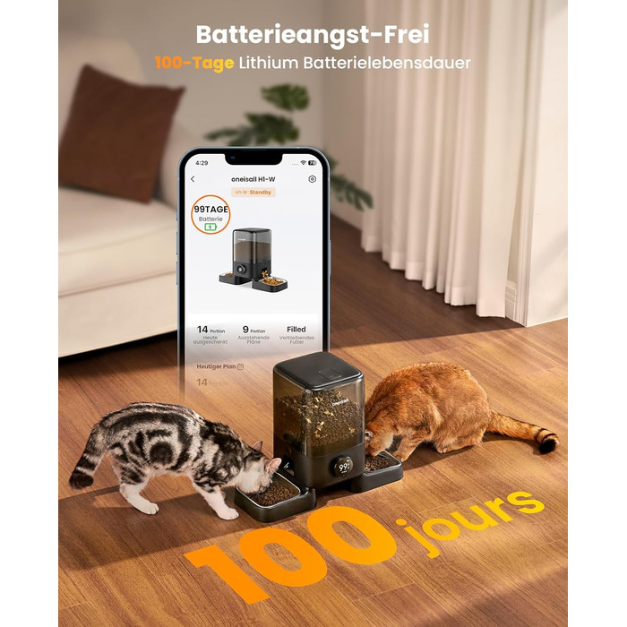 Автоматичний годівниця для котів Oneisall 5L з двома мисками, керування через додаток, Wi-Fi, PF10DAE