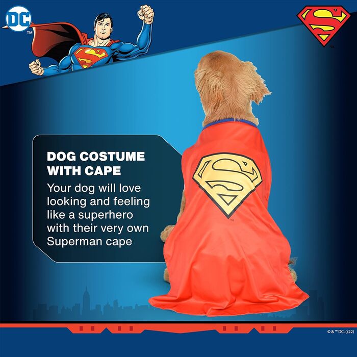 Костюм на Хелловін для собак Superman від DC Comics, великий розмір | Офіційний ліцензований костюм для собак | Синій, великий