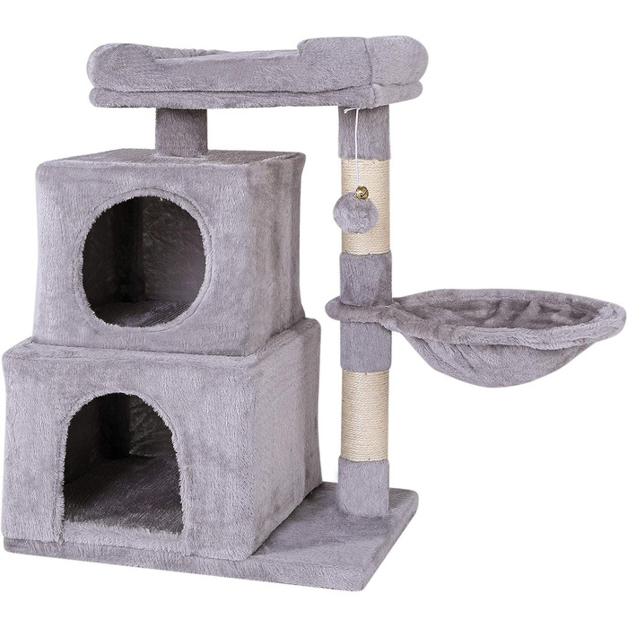 Кігтеточка для котів Lionto з м'ячиком та дзвіночком, висота 70 см, з сизалю та плюшу, зручна лежанка та печери, підходить для маленьких та великих котів, сірого кольору