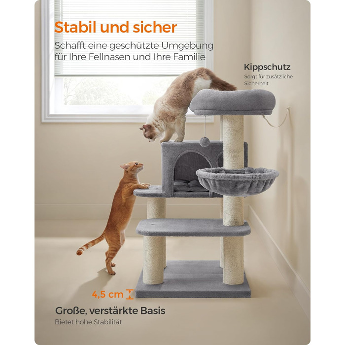 Драбина для котів Feandrea XXL: міцна, з 6 товстими стовпчиками, платформа, будиночок, кошик, сіра