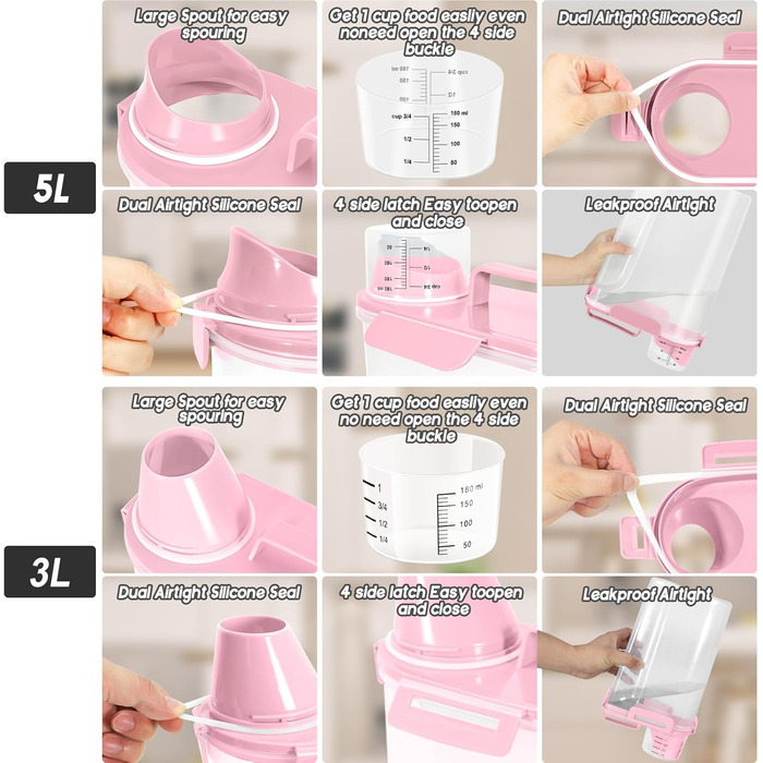 Контейнер для корму для собак 3/2,3 кг, велика насадка, BPA-free, пластиковий контейнер для корму для тварин з 4 герметичними закриттями, 1 мірний стакан та ручка, легкий, світло-рожевий (3 л + 5 л)