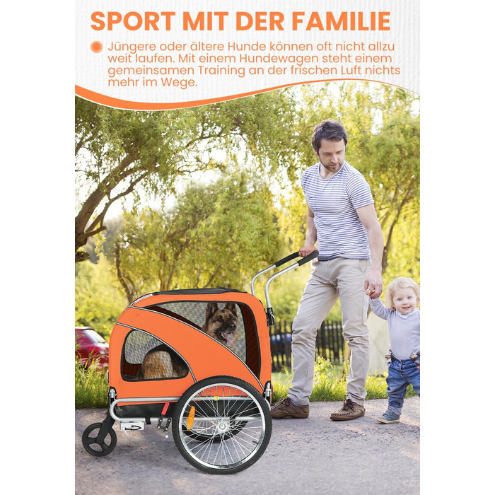 SEPNINE® Причіп для собак XL 2-в-1, велосипедний та візок для собак до 40 кг, складний з гальмами та з'єднувачем для середніх та великих собак - Синій (Помаранчевий)