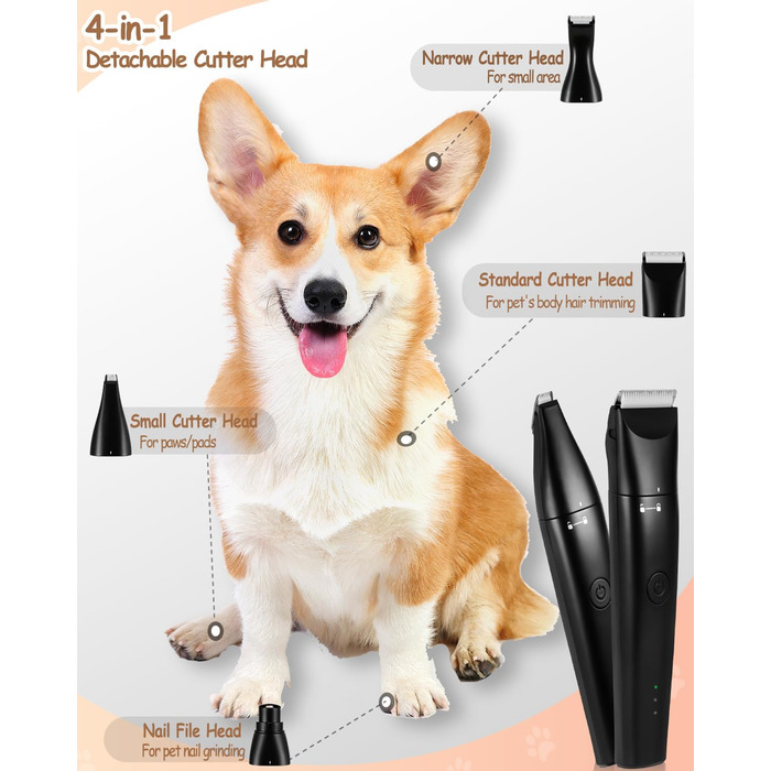 Набір для догляду за собаками 4-в-1: стрижка, підрізання кігтів, USB-C, бездротовий триммер для собак та котів