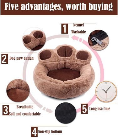 Кругле ліжко для собак FANSU з м'якого плюшу, антиковзаюча база, ліжко для котів з дизайном лапки ведмедя, розмір та колір обираються (Хакі, L)
