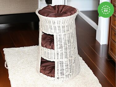 Кігтеточка-ліжко для котів: кругла хатинка з ротанга, триярусне ліжко для собак та котів, колір - білий, з коричневою подушкою