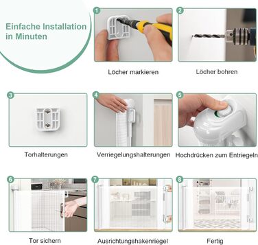 Захист для сходів з замком, розтяжний захист для дітей та собак, ширина 150 см, висота 83 см (140 см/білий, без свердління, автоматичний замок)