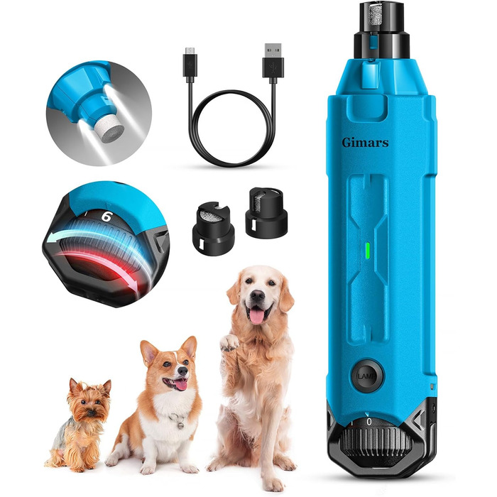Шліфувальник кігтів для собак Gimars з 6 швидкостями, USB-зарядний, з LED-підсвічуванням, для домашніх тварин (блакитний)
