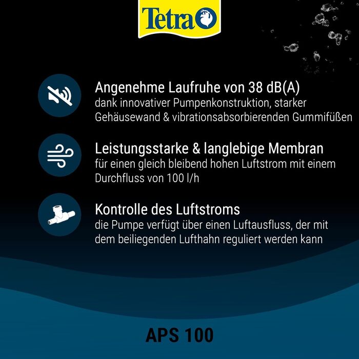 Tetra APS 100 – тиха мембранна повітряна помпа для акваріума 50-100 л, чорна