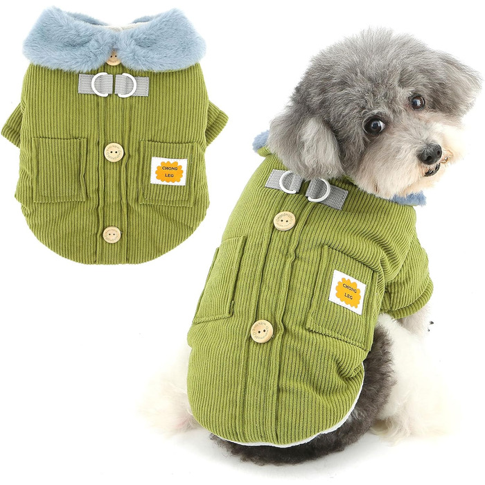 Теплий куртка для собак на осінь/зиму Ranphy з флісовою підкладкою та D-порогом, для чихуахуа та інших маленьких порід (зелений, M)
