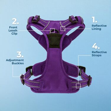 Регульована шлейка для собак Voyager Von Best Pet Supplies з 3M відбивачем, подвійним кріпленням, не тягне, фіолетова