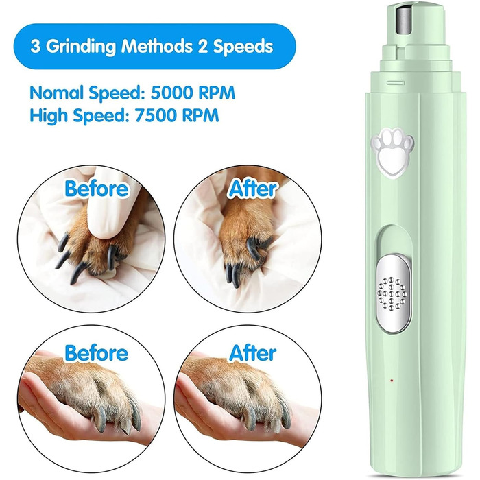 Безшумний шліфувальник для собак 2024, акумуляторний, 2 швидкості, 3 насадки, USB-зарядка, догляд за шерстю, зелений