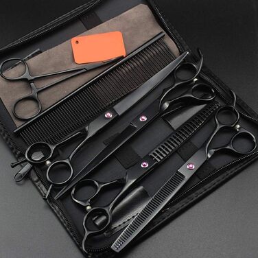 Набір професійних ножиць для грумінгу тварин QUNINE: ножиці для стрижки, гребінець, чорний колір, прямі та вигнуті леза