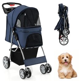 Собачий візок SOARS для собак та котів до 15 кг, складний, з сіткою, тримачем для напоїв та кошиком для зберігання, блакитний