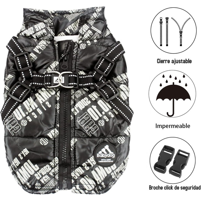 Зимова жилетка для собак, теплий нашийник, водонепроникний одяг для тварин з кільцем, регульована блискавка, світловідбиваючі елементи (M, Чорний)