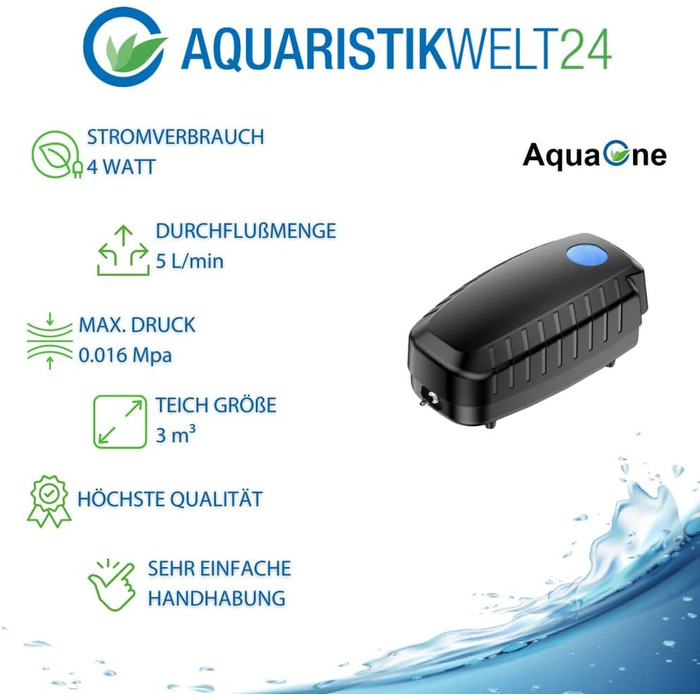 AquaOne повітряний насос CAP-10, 4 Вт, комплект для ставків до 3 м³, енергоощадна аерація, з розпилювачем і шлангом
