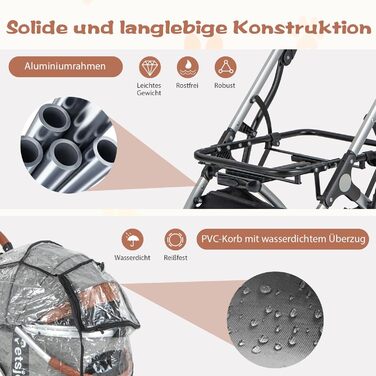 Візок для собак та котів COSTWAY 3 в 1, сірий: складна конструкція, до 15 кг, з кошиком, дощем, телескопічною ручкою та сіткою