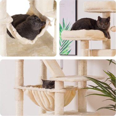Котячий будиночок Heybly XXL 185,4 см, багаторівневий ігровий комплекс для великих домашніх котів з лежаком, плетеним кошиком, м'якою площею для відпочинку та стовпчиками для дряпання (бежевий)