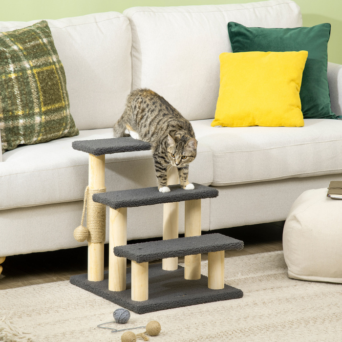PawHut 3 сходинки Cat Stairs 48H см Сходи для домашніх тварин з тедді тканиною для маленьких кішок сірого кольору, ідеально підходять для людей похилого віку та дрібних порід