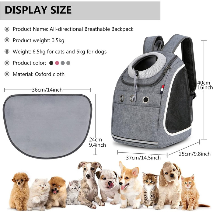 PETCUTE Рюкзак для собак і котів, переноска для тварин, рюкзак для подорожей, піших прогулянок та кемпінгу (темно-сірий)