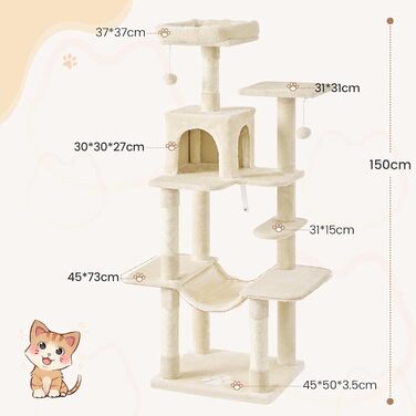 Кігтеточка для котів MSmask велика, багатоярусна з 2 будиночками, гамаком та сизалевими стовпчиками