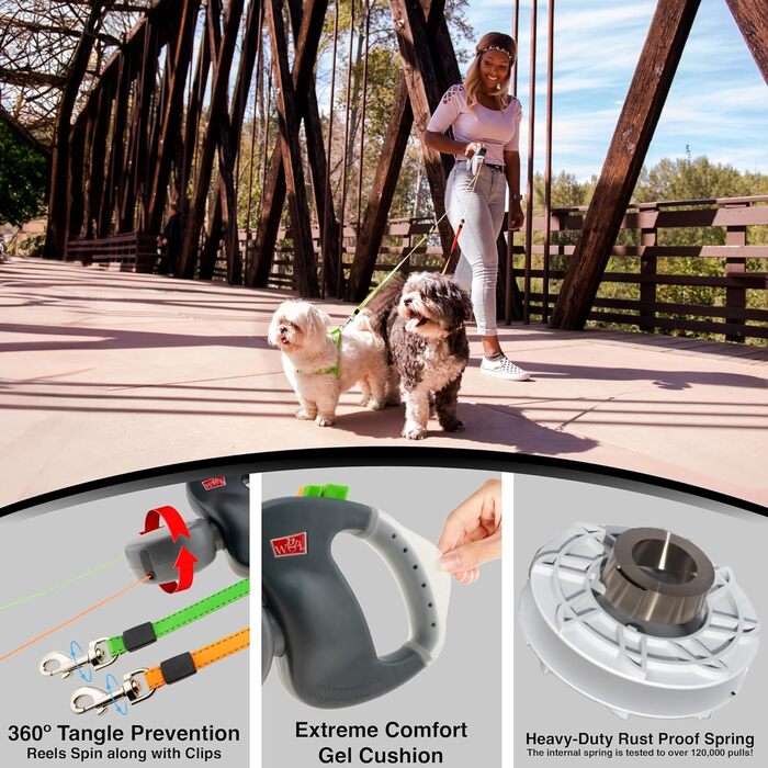 Повідок-рулетка WIGZI Dual Doggie 3.0 з гелевою ручкою, сірий, для двох собак