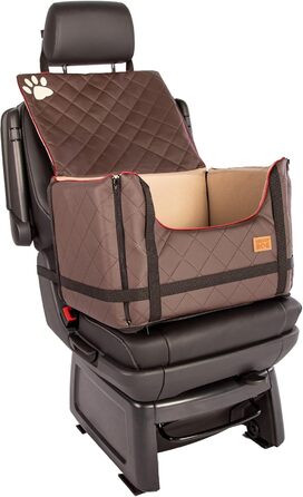 Транспортна переноска для собак Golden Dog з кріпленням на ремінь безпеки, 65x53x27 см, колір коричневий. Імітація шкіри, водовідштовхувальна, складна, підходить для автомобіля.