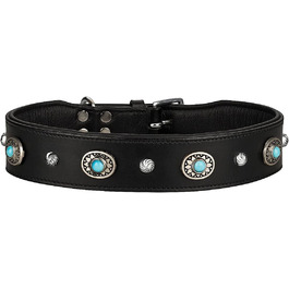 Нашийник для собак MICHUR Alonzo з натуральної шкіри, чорний, широкий, з синіми каменями та заклепками, різні розміри, обхват шиї 33-38 см