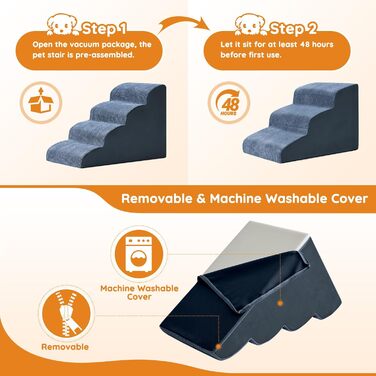 Сходинки для собак до ліжка, дивану: 4 сходинки, протиковзкі, для маленьких собак, з високощільним пінополіуретаном, портативні, (фліс, темно-синій)