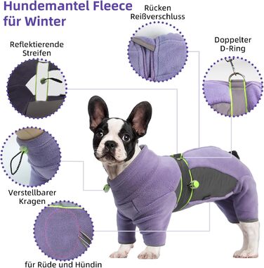 Флісова куртка для собак, тепла зимова куртка-мандель для собак, флісовий пуловер для собак з шлейкою та блискавкою, вітронепроникний, м'який піжамний костюм для середніх собак, Віндгорн, Французький бульдог (XS-XXL), M - обхват грудної клітки 42см, довжи