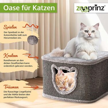 Преміум котячий будиночок Zooprinz – котячий кошик для кота – з товстими сизалевими стінами – печеринка з м'яким плюшем та іграшкою – котячий будиночок у скандинавському стилі (сірий)