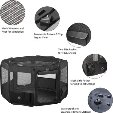 Манеж для собак DONORO XL, переносний, для малих собак, котів, кроликів та пташенят, чорний, для дому та вулиці, з сумкою, знімна кришка на блискавці