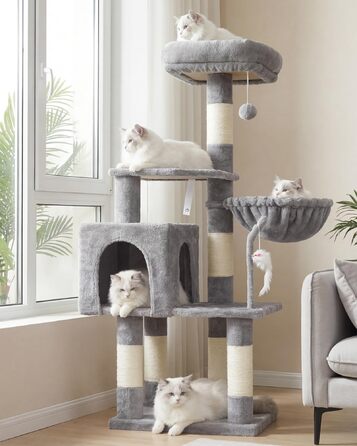 Комплекс для котів Heybly Kratzbaum HCT004SW: Дряпка-кігтеточка з іграшками, будиночок, лежанка, сізаль, світло-сірий (43.3 дюйми)