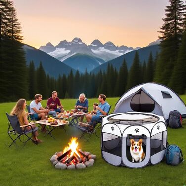 Клітка-вигул для цуценят та дрібних тварин 74x74x43 см – складана клітка для собак та котів – сірого кольору з принтом лапи